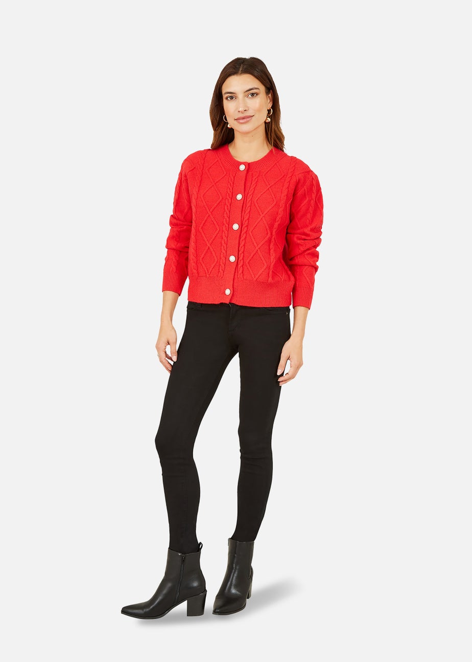 Yumi Cable Knit Cardigan With Pearl Buttons In Red