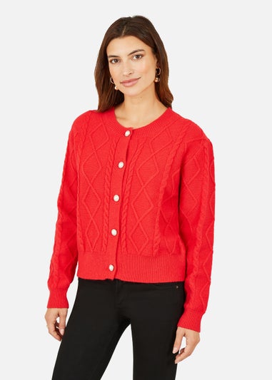 Yumi Cable Knit Cardigan With Pearl Buttons In Red