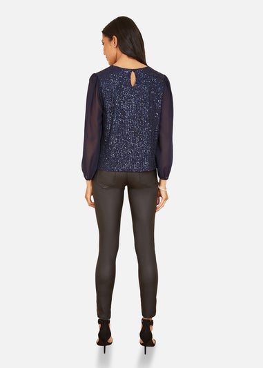 Yumi Sequin Top With Sheer Sleeves In Navy