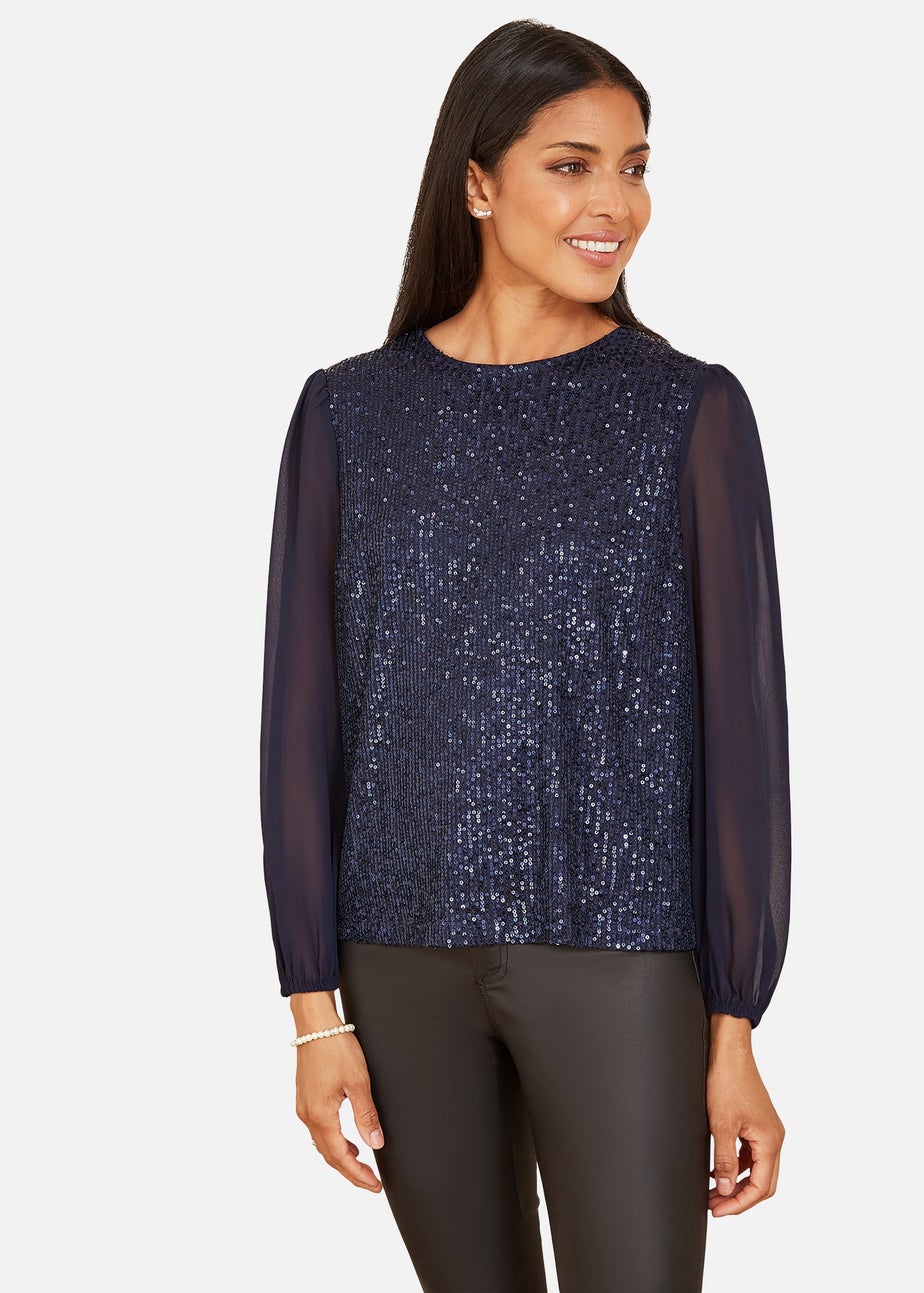 Yumi Sequin Top With Sheer Sleeves In Navy