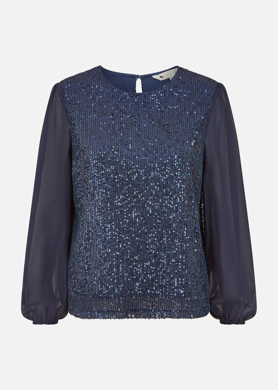 Yumi Sequin Top With Sheer Sleeves In Navy