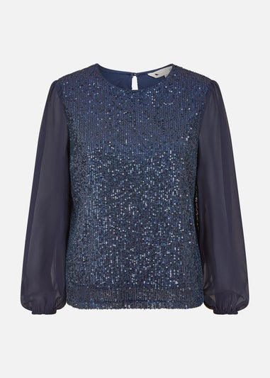Yumi Sequin Top With Sheer Sleeves In Navy