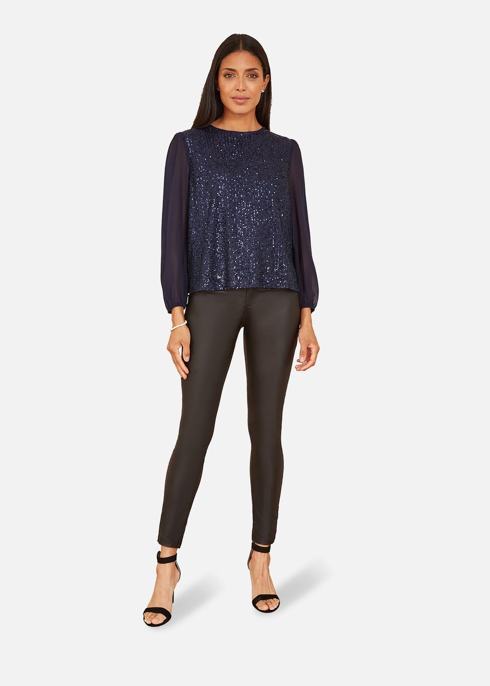 Yumi Sequin Top With Sheer Sleeves In Navy