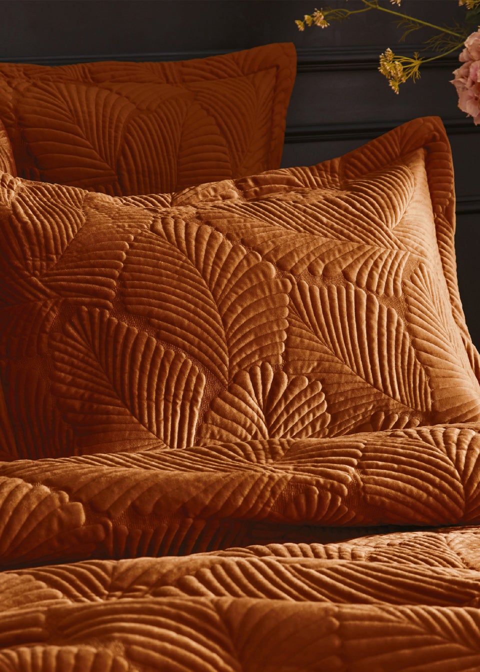 Paoletti Palmeria Quilted Velvet Duvet Cover Set Rust
