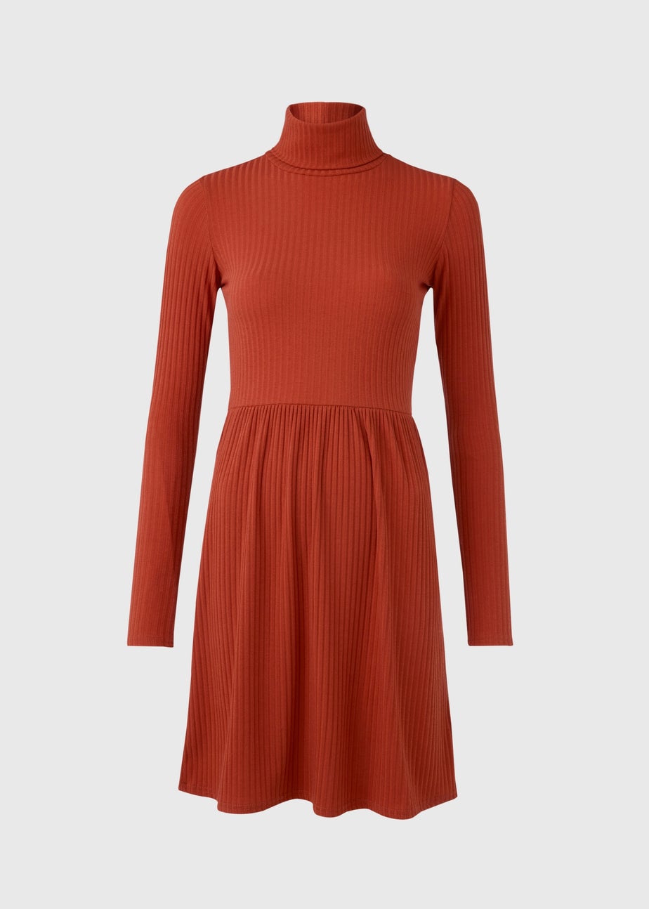 Rust High Neck Ribbed Dress