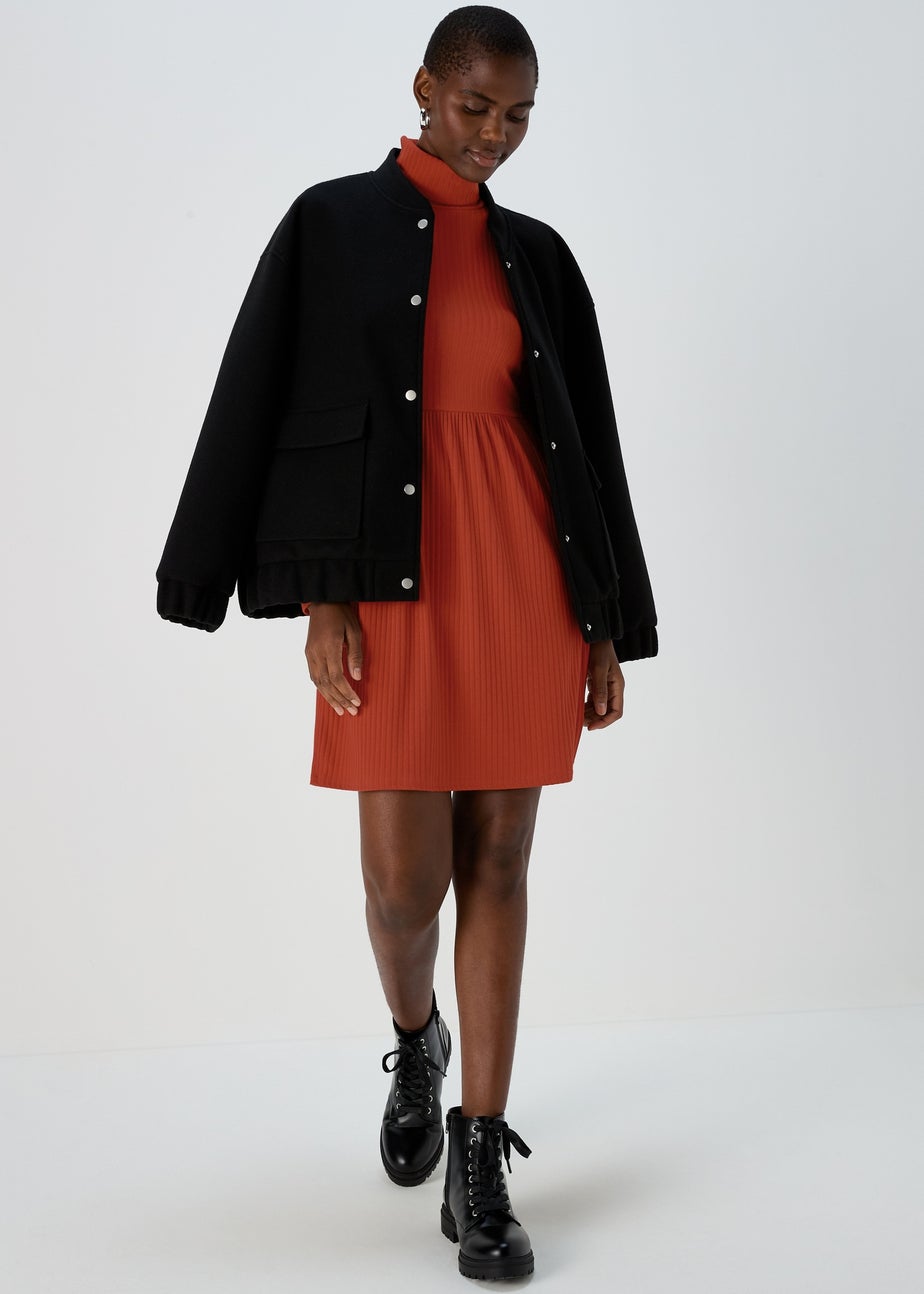 Rust High Neck Ribbed Dress