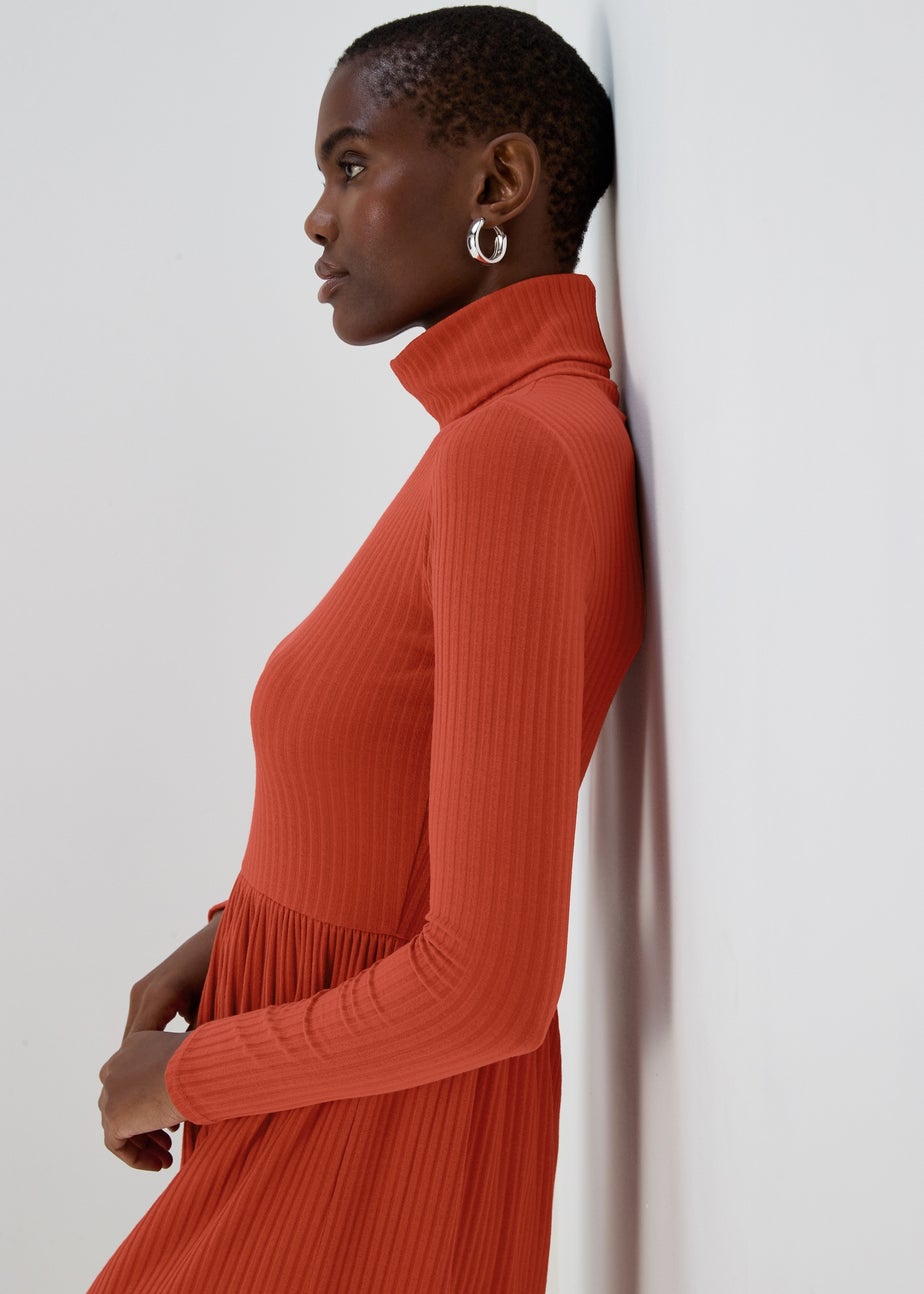 Rust High Neck Ribbed Dress