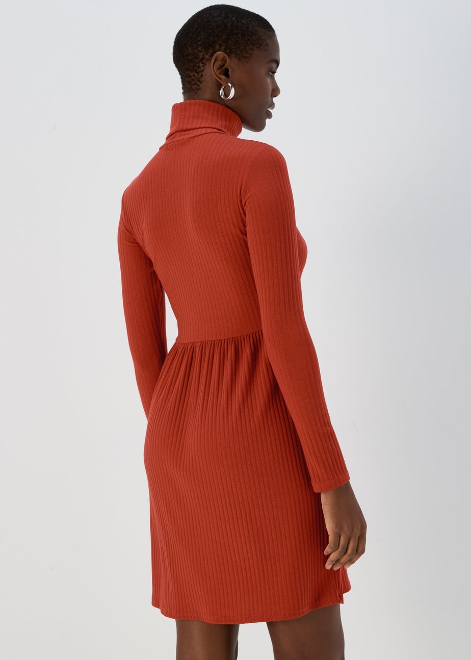 Rust High Neck Ribbed Dress