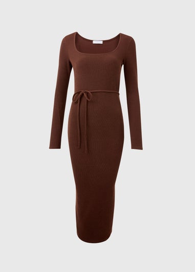 Brown Square Neck Skinny Belt Dress