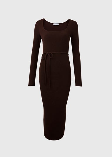 Brown Square Neck Skinny Belt Dress