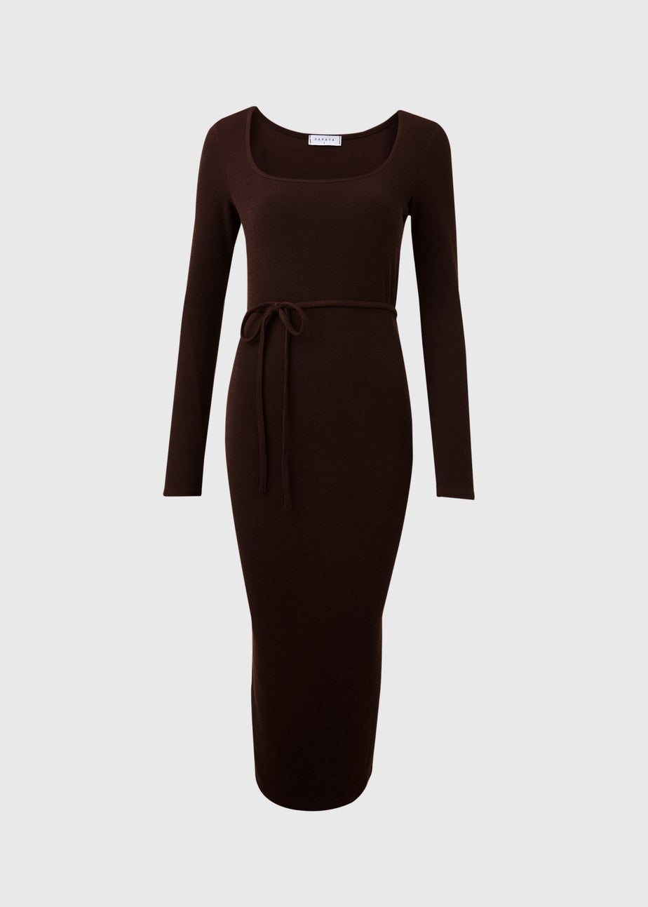 Brown Square Neck Skinny Belt Dress