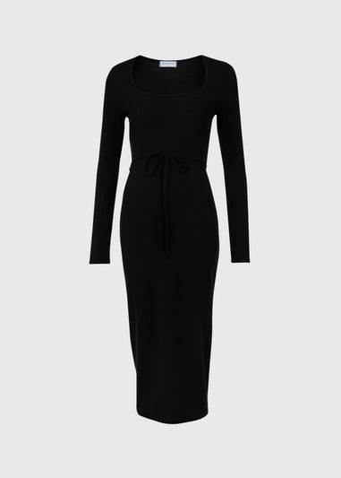 Black Square Neck Skinny Belt Dress