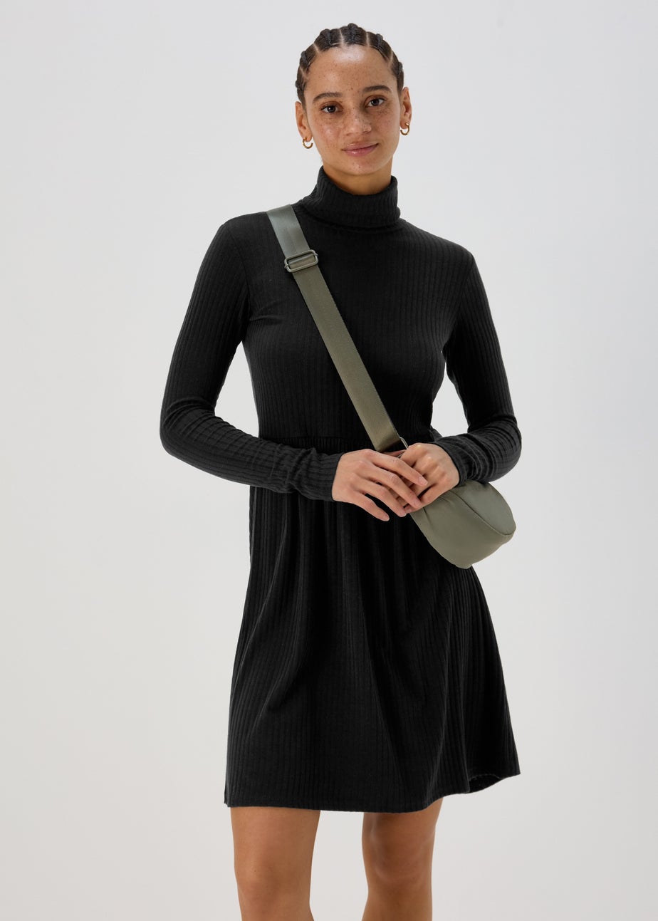 Black High Neck Ribbed Dress