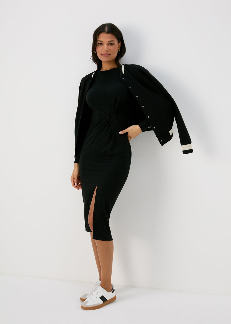 Black Knot Detail Ribbed Midi Dress