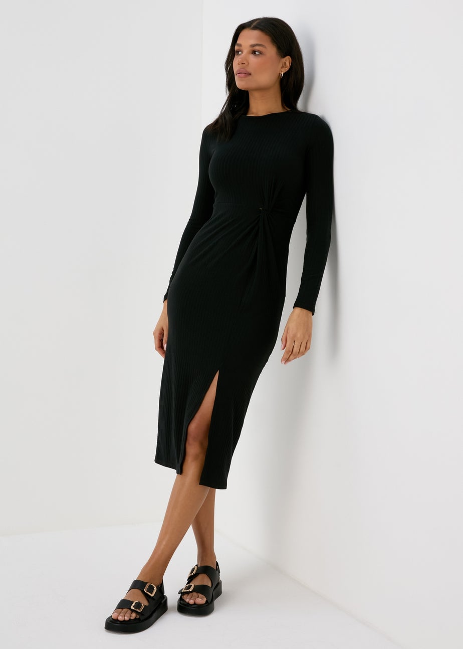 Black Knot Detail Ribbed Midi Dress