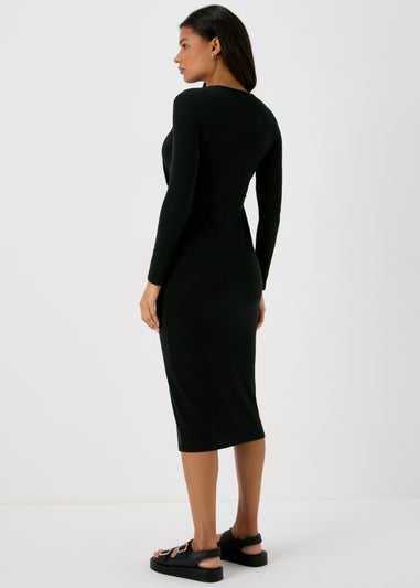 Black Knot Detail Ribbed Midi Dress