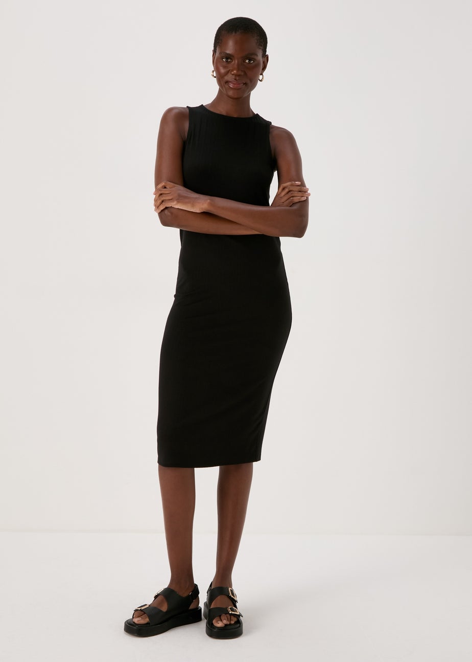 Papaya Petite Black Racer Ribbed Midi Dress
