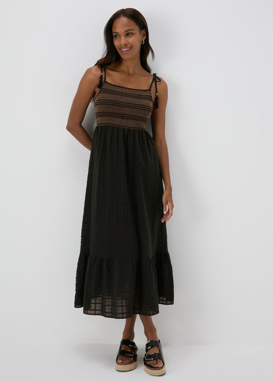 Black Shirred Cami Midi Dress