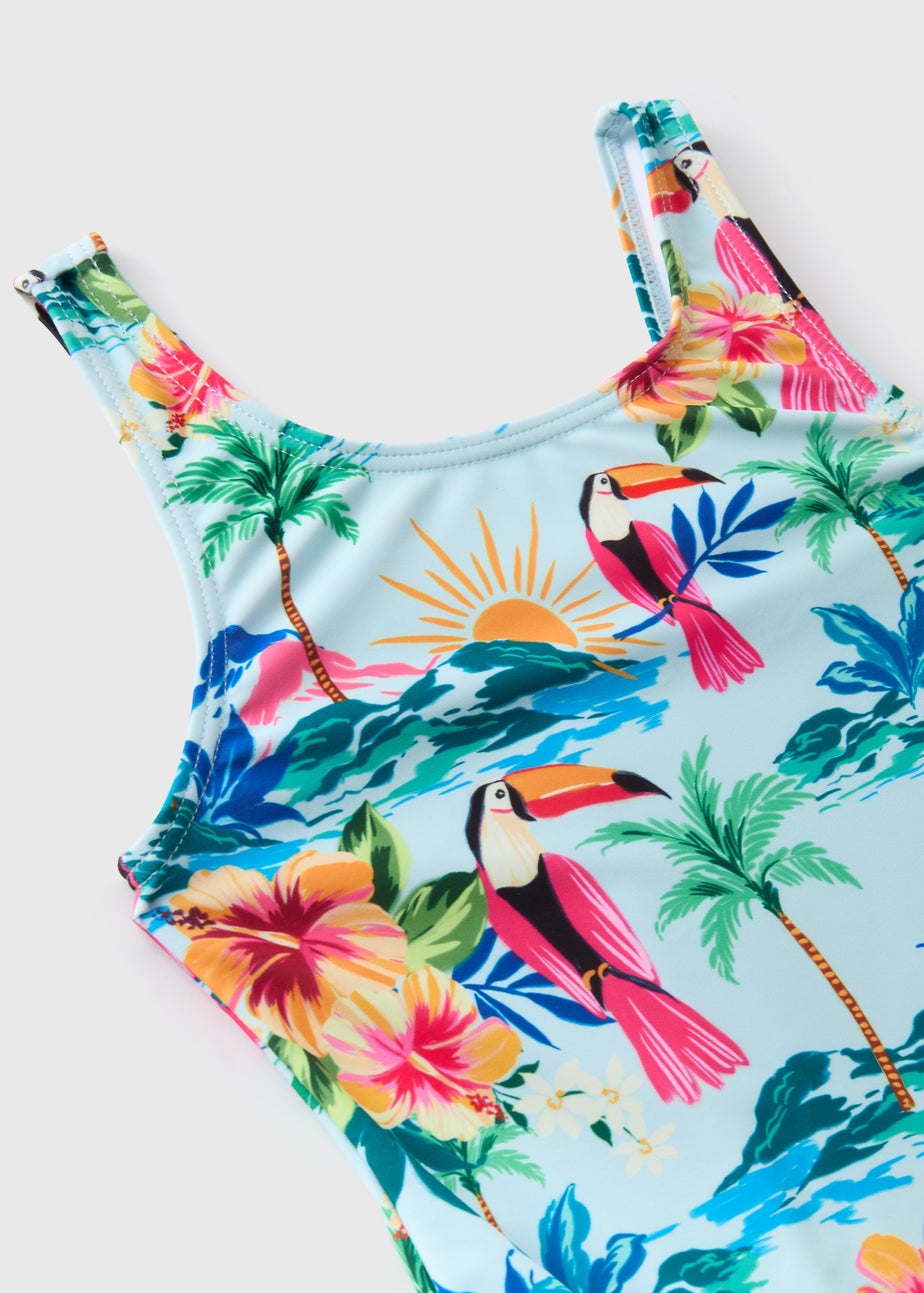 Girls Bright Pink Beach Print Swimsuit (1-7yrs)