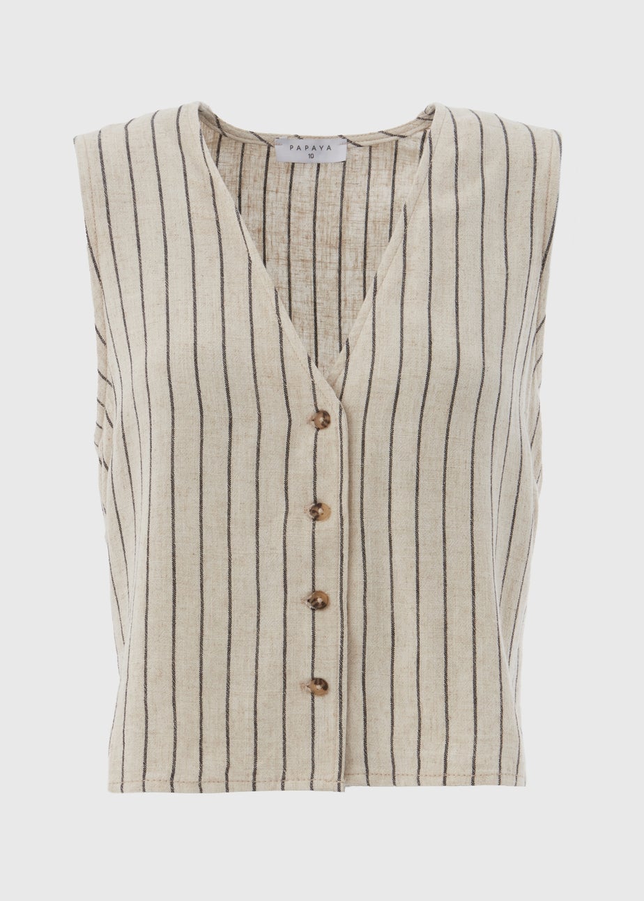Beige Stripe Linen Button Vest