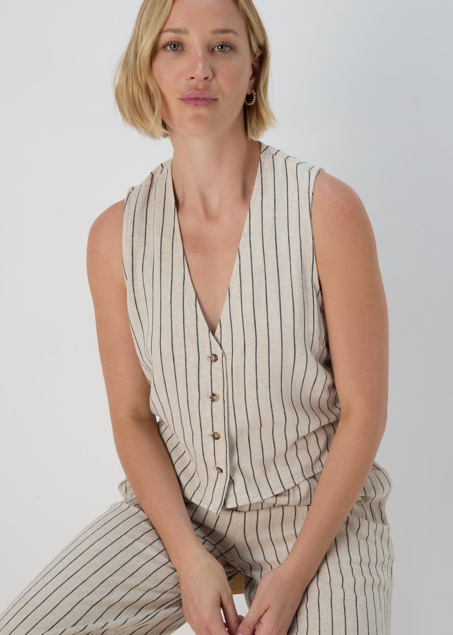 Beige Stripe Linen Button Vest