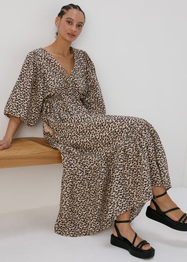 Papaya Petite Brown Leopard Print Cotton Midi Dress