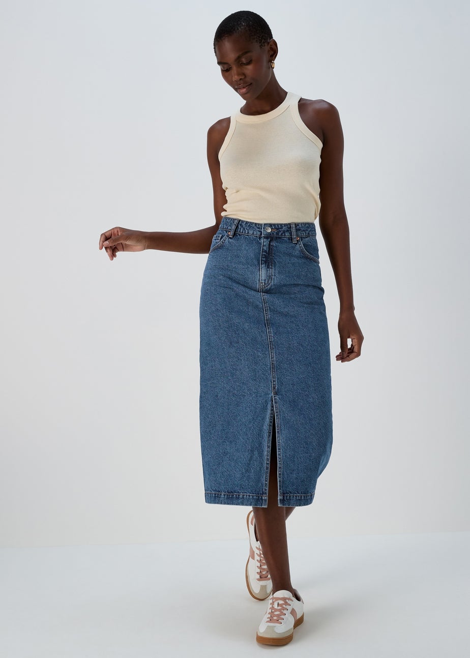 Papaya Petite Mid Wash Midi Denim Skirt