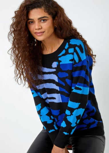 Roman Blue  Colour Block Animal Print Jumper
