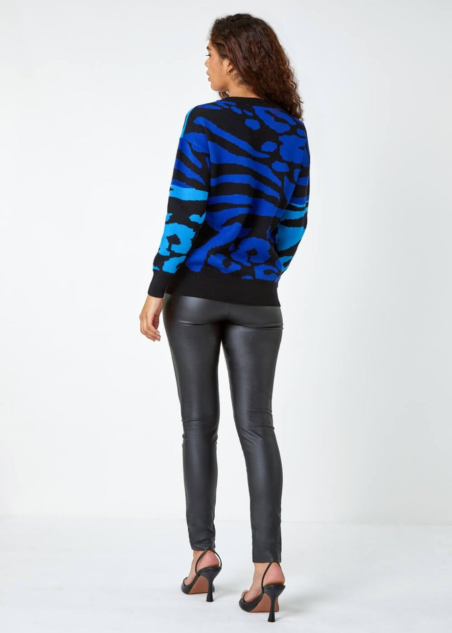 Roman Blue  Colour Block Animal Print Jumper