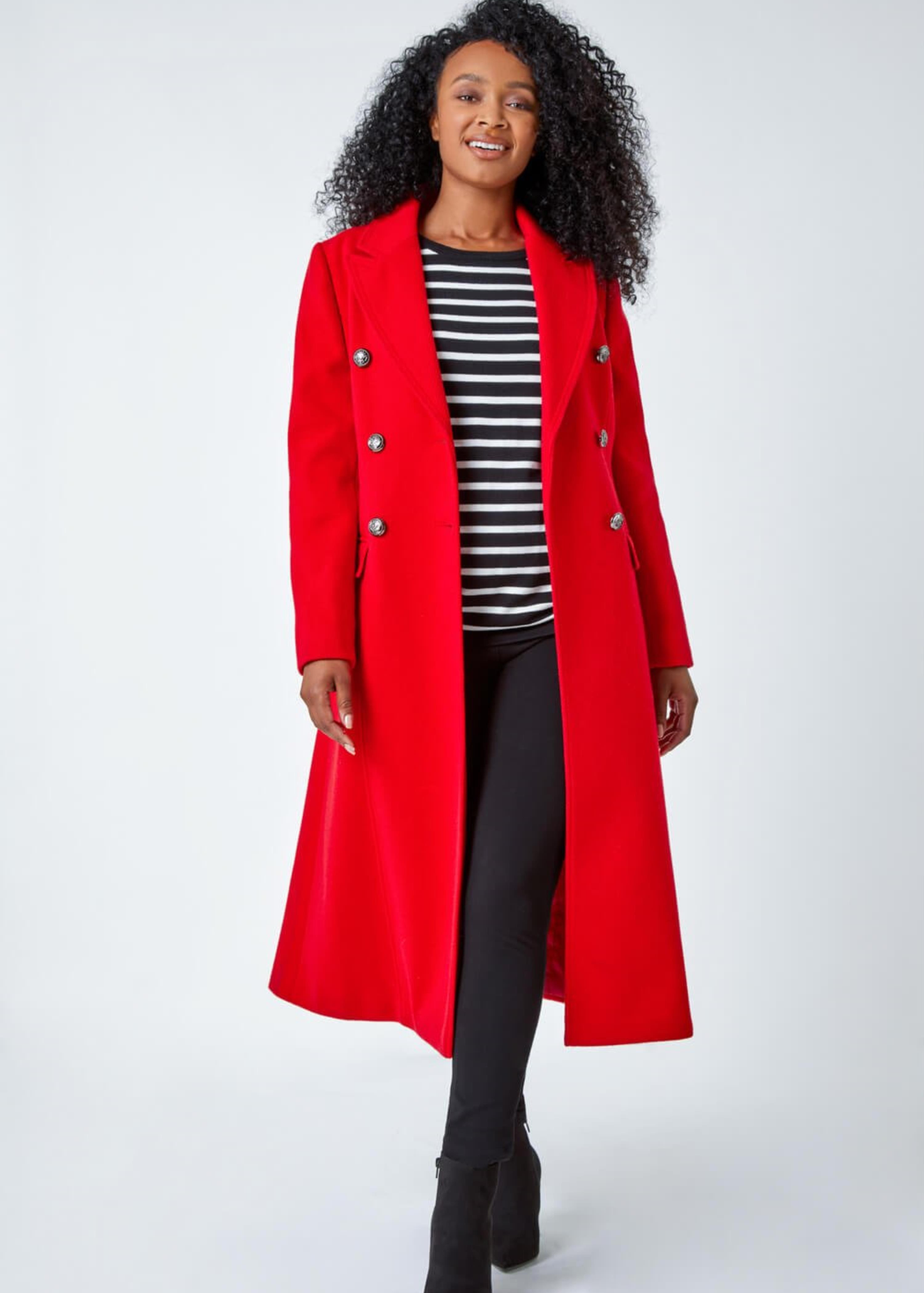 Roman Petite Red Longline Belted Military Coat