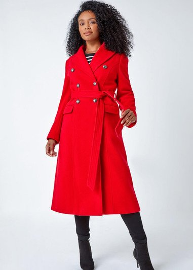 Roman Petite Red Longline Belted Military Coat