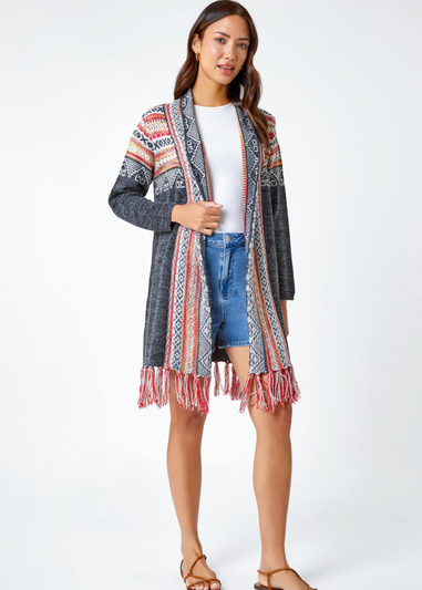 Roman Charcoal Aztec Print Tassel Hem Longline Cardigan
