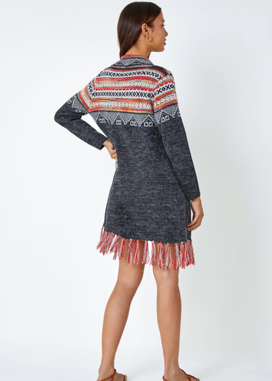 Roman Charcoal Aztec Print Tassel Hem Longline Cardigan