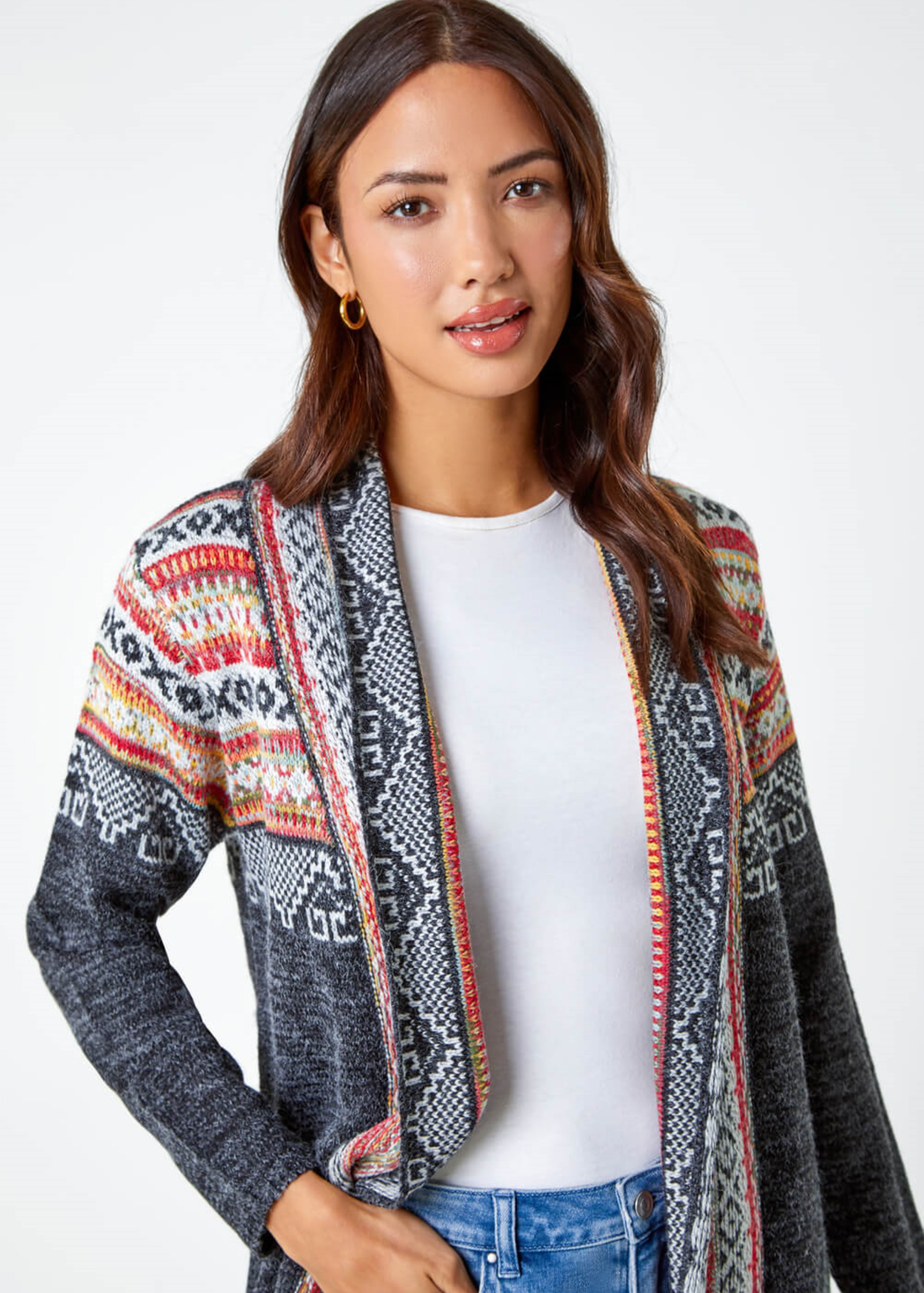 Roman Charcoal Aztec Print Tassel Hem Longline Cardigan