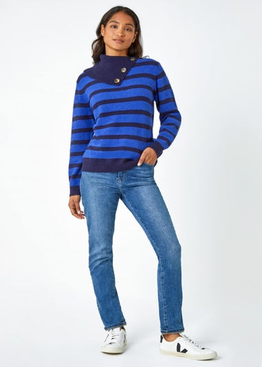 Roman Royal Blue Stripe Cowl Neck Button Jumper