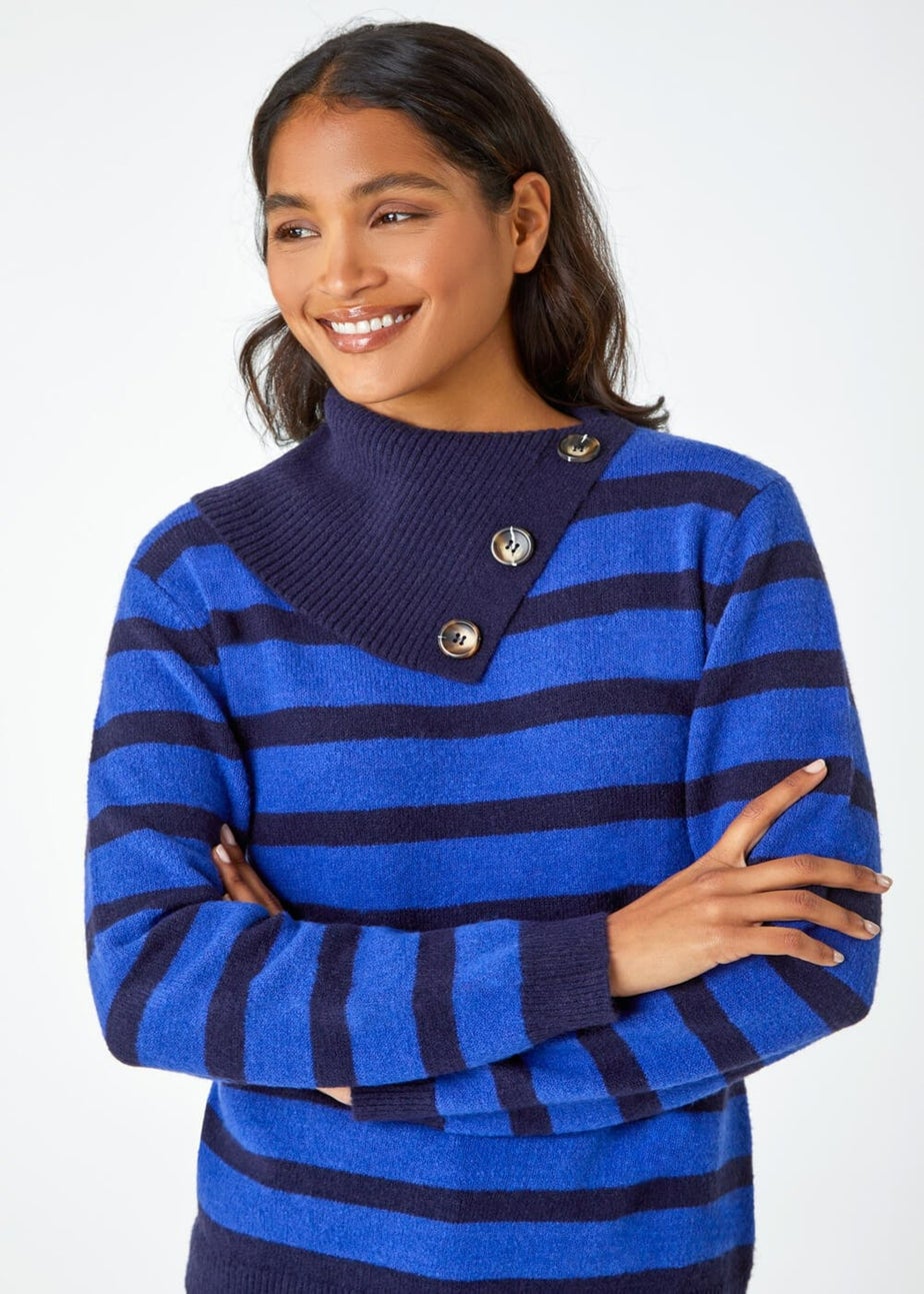 Roman Royal Blue Stripe Cowl Neck Button Jumper
