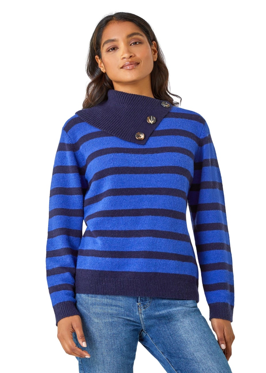 Roman Royal Blue Stripe Cowl Neck Button Jumper