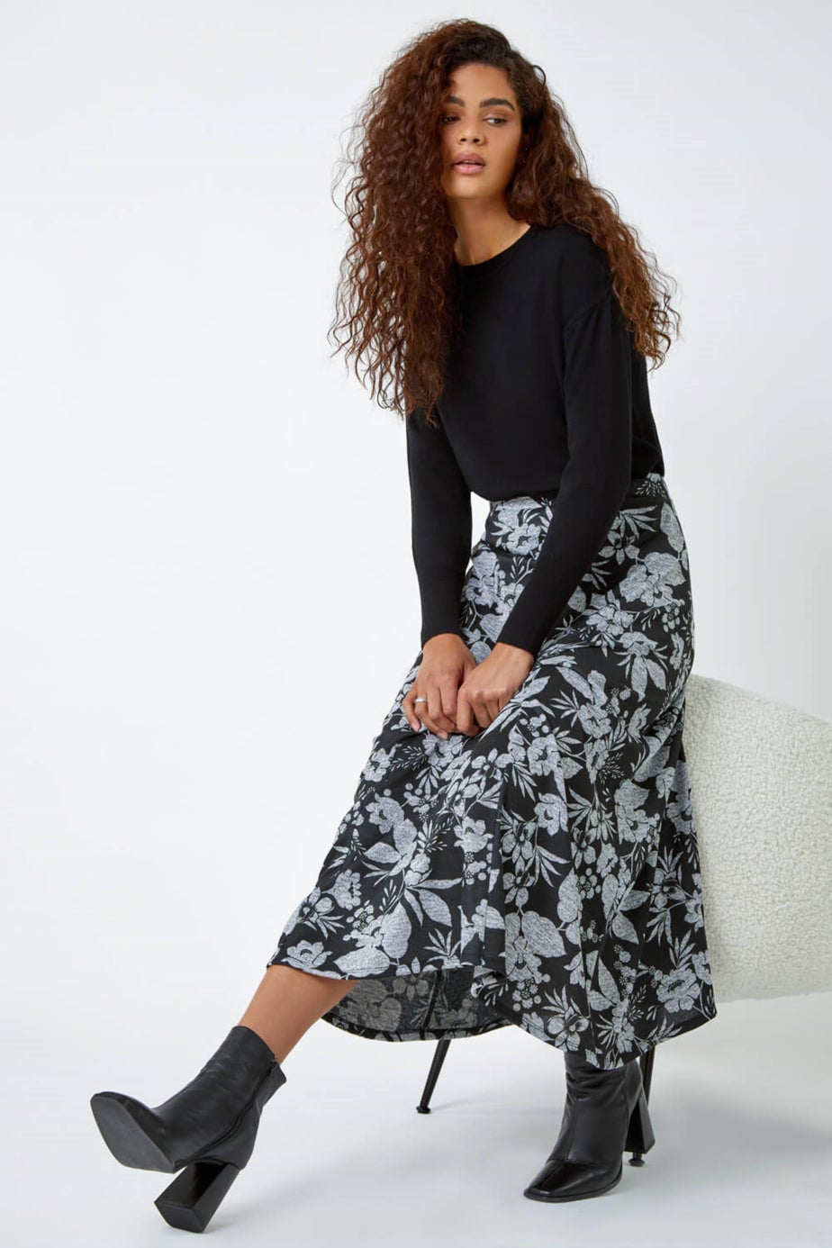 Roman Grey Floral Print Midi Stretch Skirt