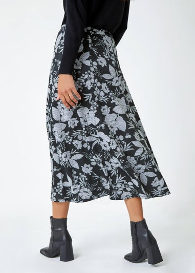 Roman Grey Floral Print Midi Stretch Skirt