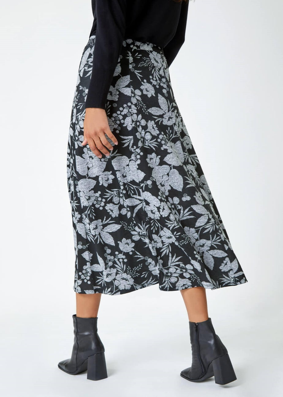 Roman Grey Floral Print Midi Stretch Skirt