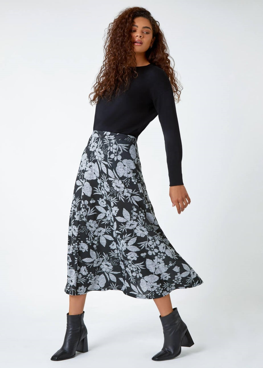 Roman Grey Floral Print Midi Stretch Skirt