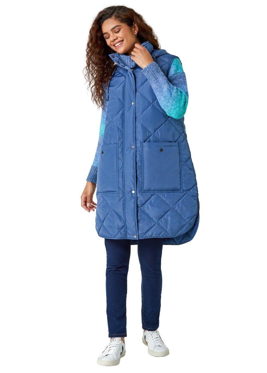 Roman Steel Blue Diamond Quilted Longline Gilet