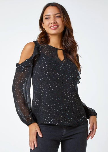 Roman Black Metallic Spot Frill Detail Top