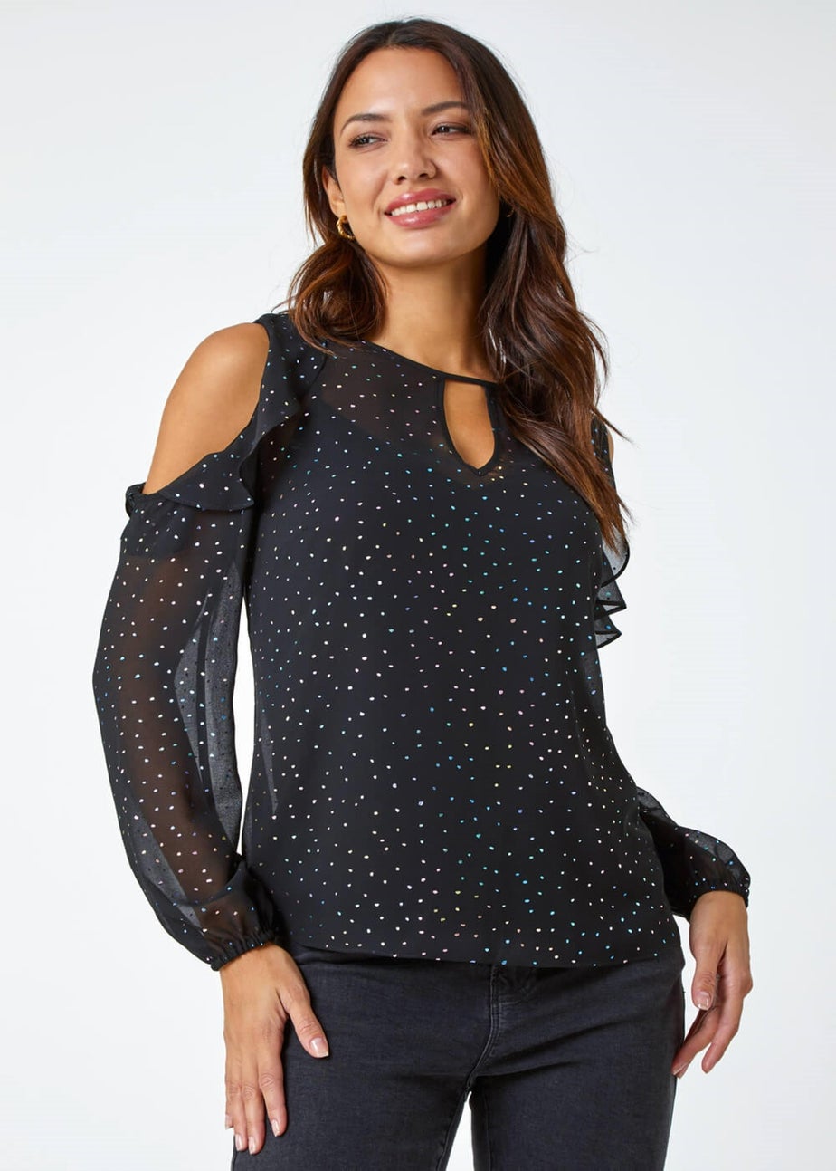 Roman Black Metallic Spot Frill Detail Top