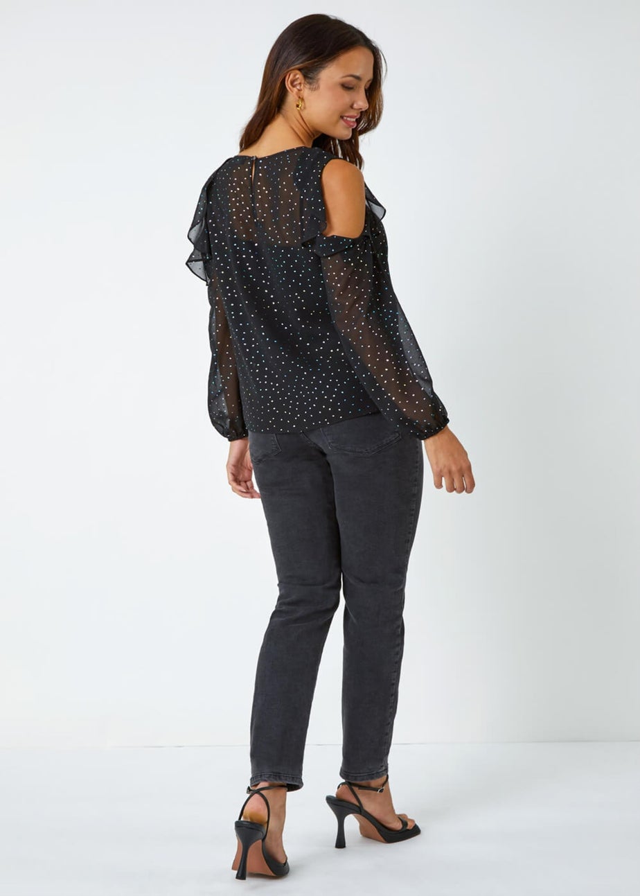 Roman Black Metallic Spot Frill Detail Top