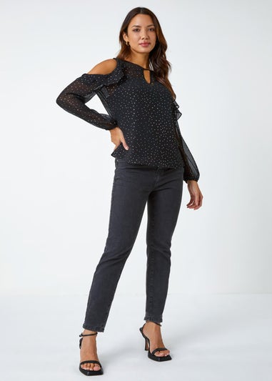 Roman Black Metallic Spot Frill Detail Top