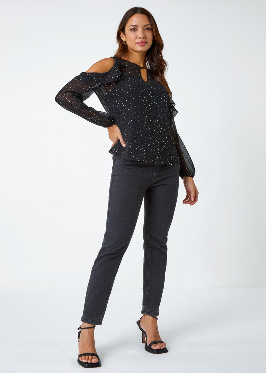 Roman Black Metallic Spot Frill Detail Top