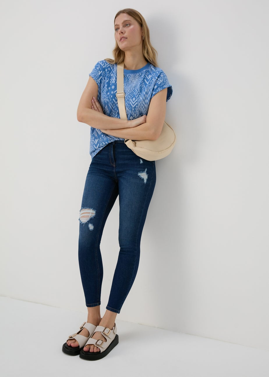 Blue Printed Relaxed Fit T-Shirt