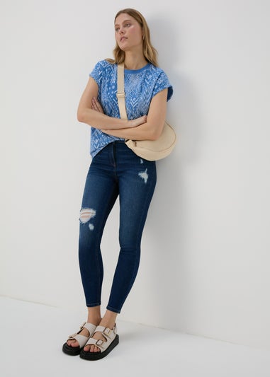 Blue Printed Relaxed Fit T-Shirt
