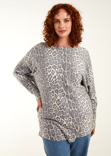 Blue Vanilla Stone Curve Leopard Print Jumper